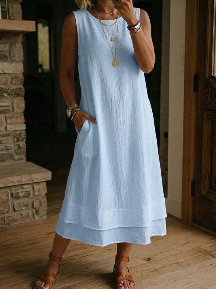 Vestido Midi em Algodão e Linho Sem Mangas - VEZTIVIA