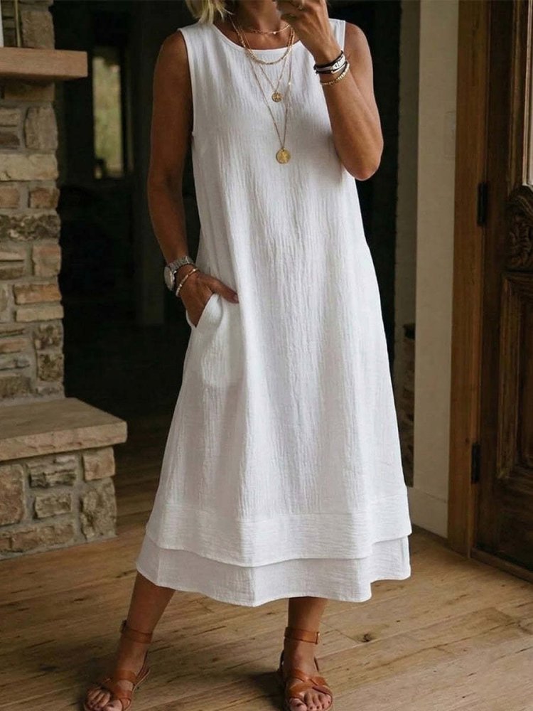 Vestido Midi em Algodão e Linho Sem Mangas - VEZTIVIA