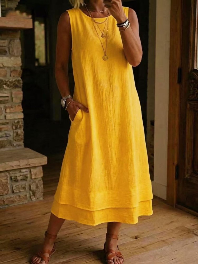 Vestido Midi em Algodão e Linho Sem Mangas - VEZTIVIA