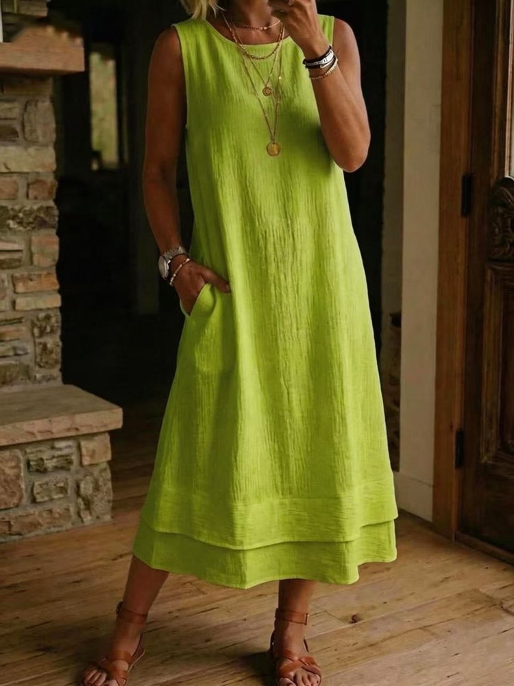 Vestido Midi em Algodão e Linho Sem Mangas - VEZTIVIA