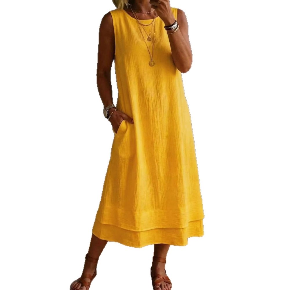 Vestido Midi em Algodão e Linho Sem Mangas - VEZTIVIA