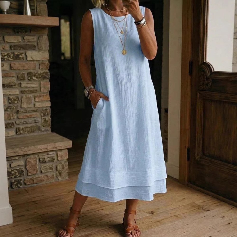 Vestido Midi em Algodão e Linho Sem Mangas - VEZTIVIA