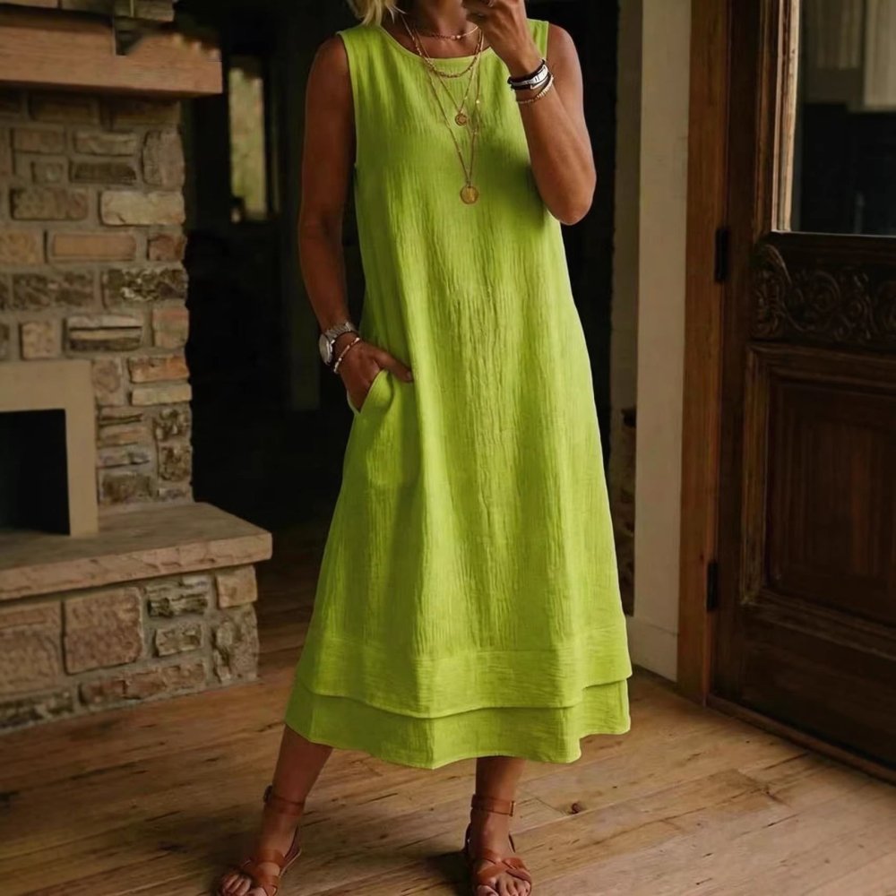 Vestido Midi em Algodão e Linho Sem Mangas - VEZTIVIA