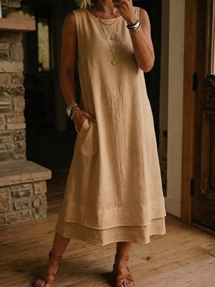 Vestido Midi em Algodão e Linho Sem Mangas - VEZTIVIA