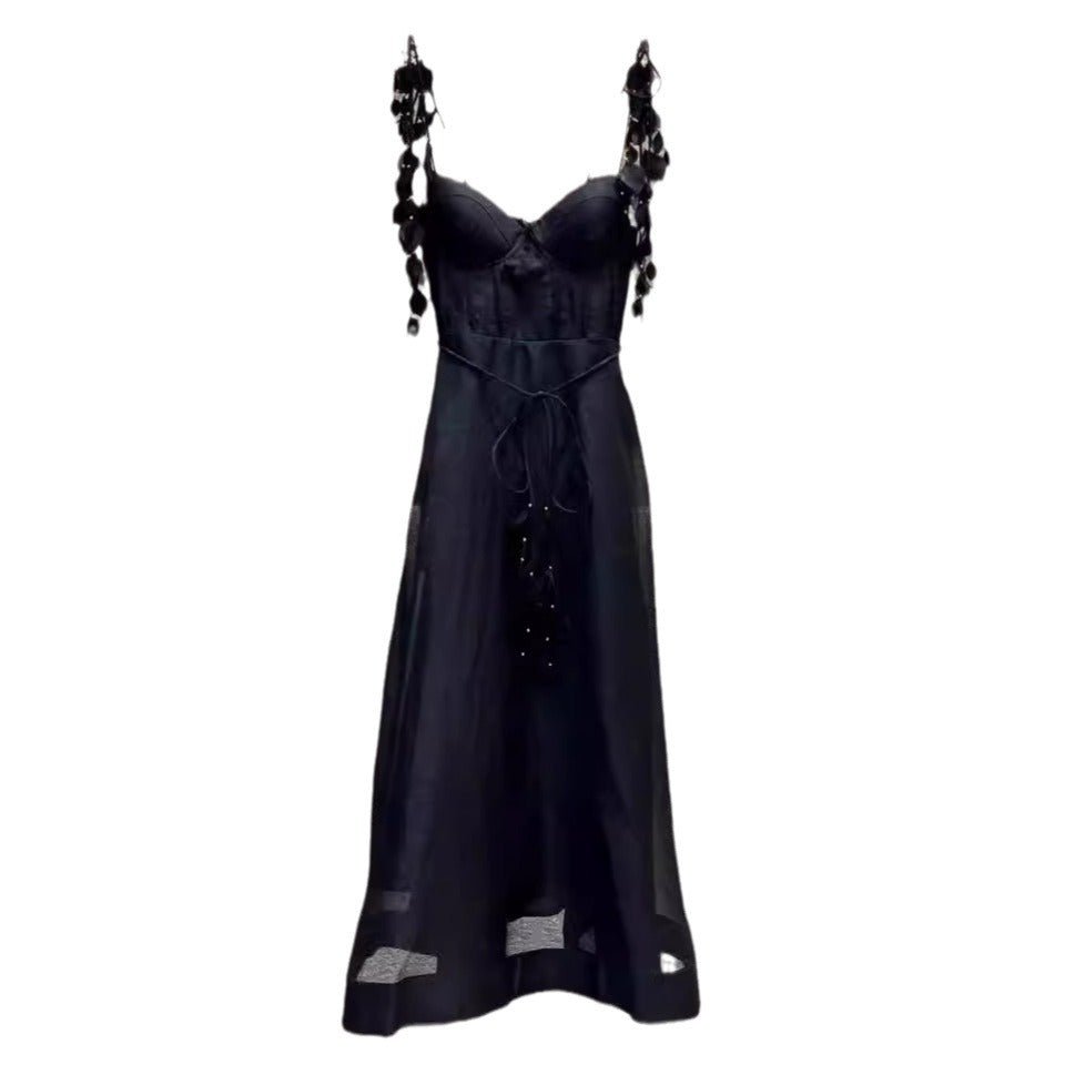 Vestido Midi em Linho e Seda com Decote Pétala e Cintura Marcada - VEZTIVIA