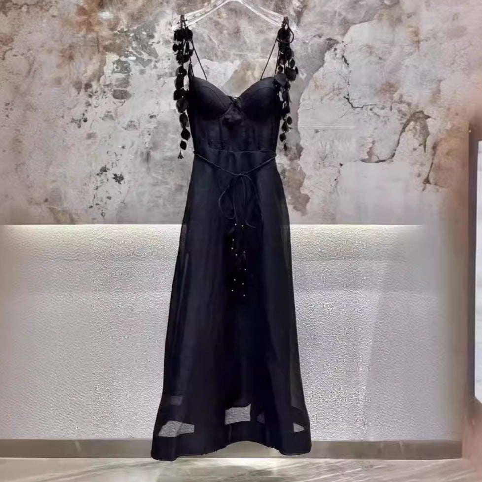 Vestido Midi em Linho e Seda com Decote Pétala e Cintura Marcada - VEZTIVIA