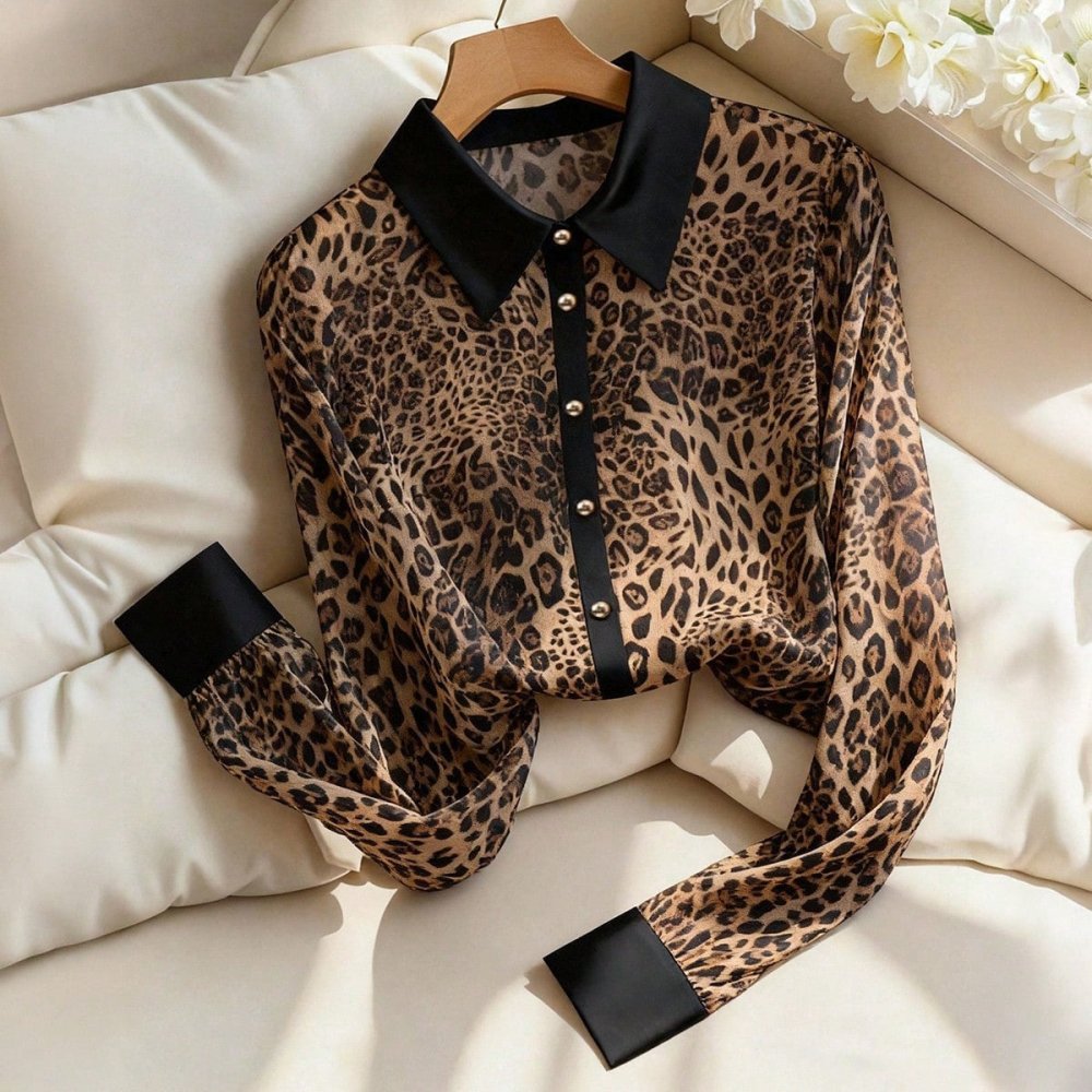 Women's Color - Block Leopard - Print Loose Shirt - VEZTIVIA
