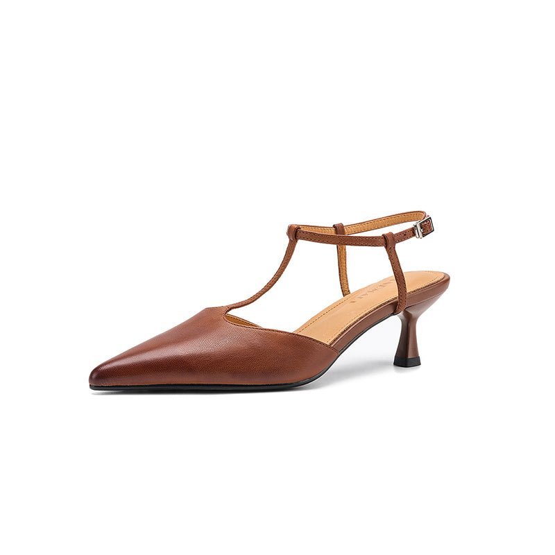 Women's Handmade Washed Full - Grain Lambskin T - Strap Slingback Heels, Vintage Pointed Toe Kitten Heel Sandals - VEZTIVIA