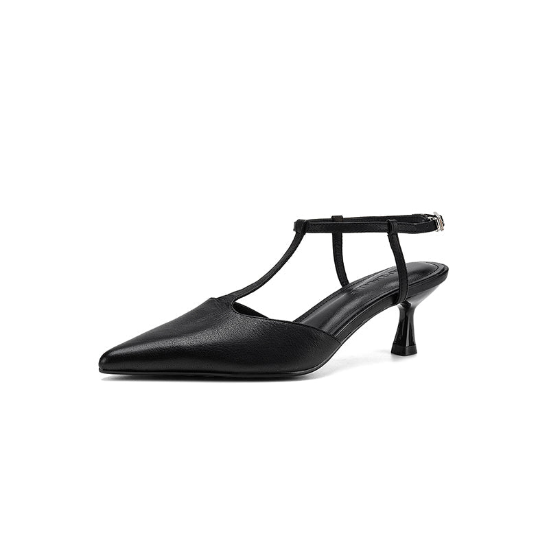 Women's Handmade Washed Full - Grain Lambskin T - Strap Slingback Heels, Vintage Pointed Toe Kitten Heel Sandals - VEZTIVIA