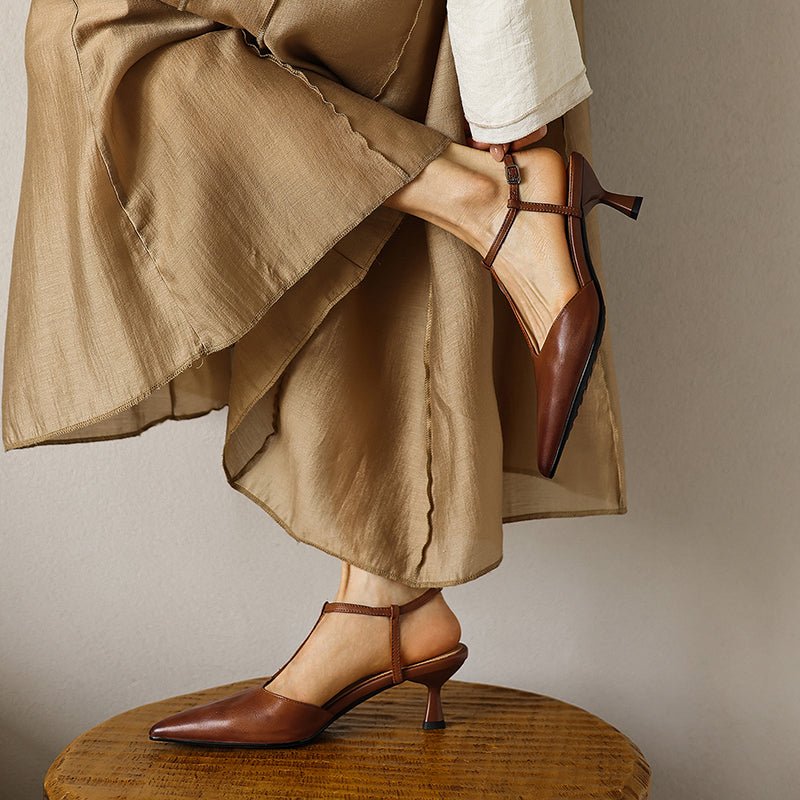 Women's Handmade Washed Full - Grain Lambskin T - Strap Slingback Heels, Vintage Pointed Toe Kitten Heel Sandals - VEZTIVIA