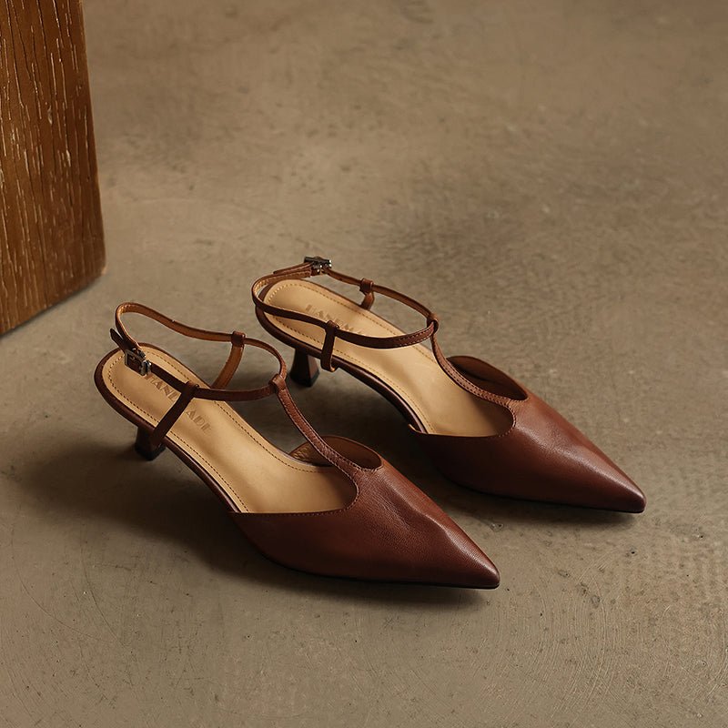 Women's Handmade Washed Full - Grain Lambskin T - Strap Slingback Heels, Vintage Pointed Toe Kitten Heel Sandals - VEZTIVIA