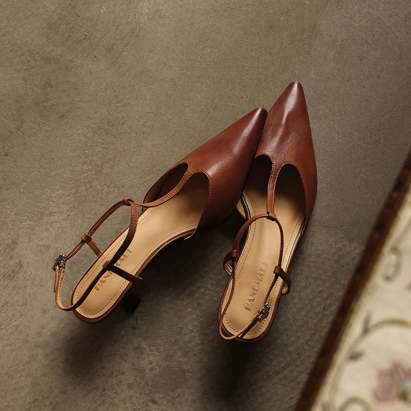 Women's Handmade Washed Full - Grain Lambskin T - Strap Slingback Heels, Vintage Pointed Toe Kitten Heel Sandals - VEZTIVIA