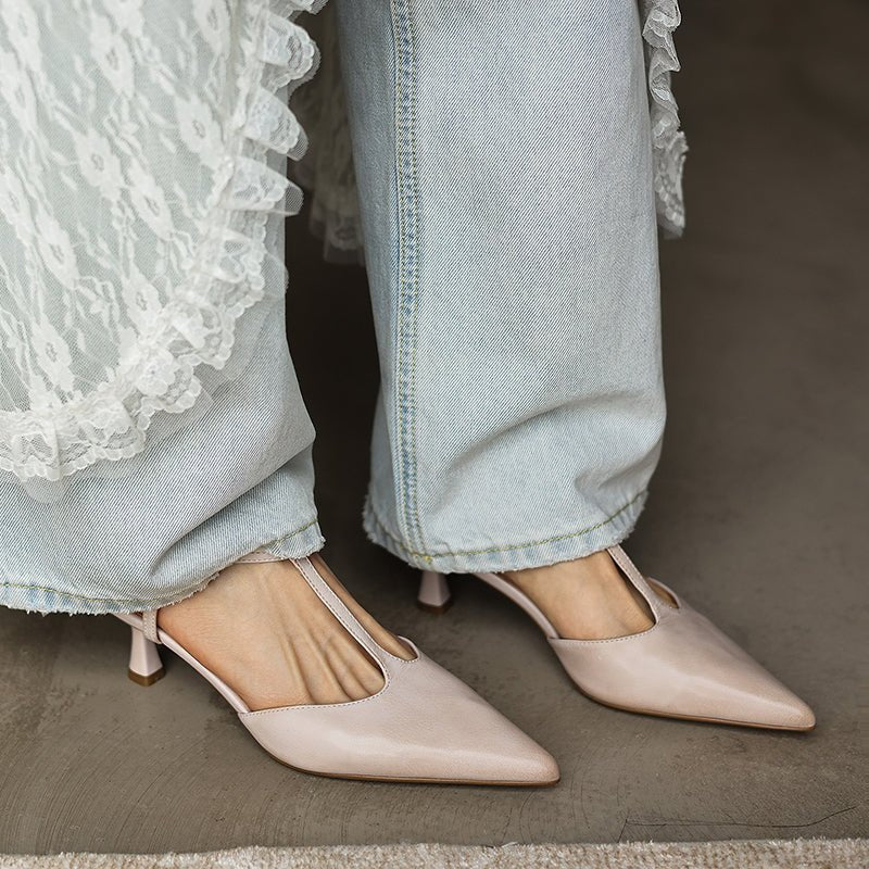 Women's Handmade Washed Full - Grain Lambskin T - Strap Slingback Heels, Vintage Pointed Toe Kitten Heel Sandals - VEZTIVIA