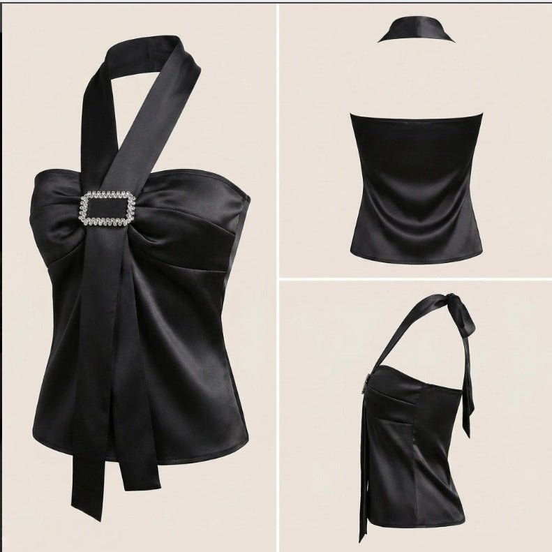 Women's Summer New Fashion Elegant Solid Color Metal Buckle Decorated Halter Neck Camisole Suitable For Going Out And Dating - VEZTIVIA