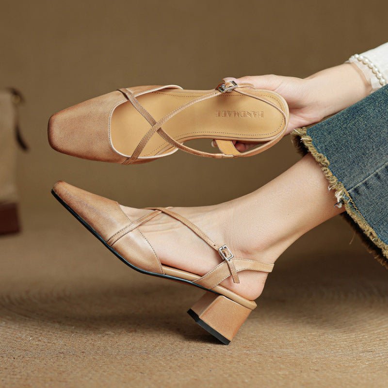 Women's Tendon Soft Bottom Mid Heel Sandals Closed Toe Casual - VEZTIVIA